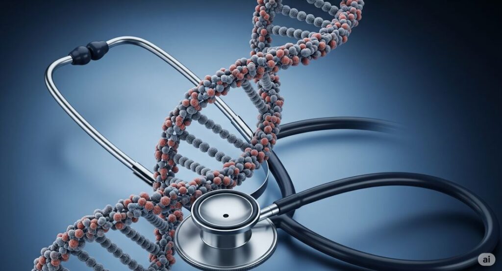 DNA double helix with stethoscope symbolizing genetic testing in healthcare