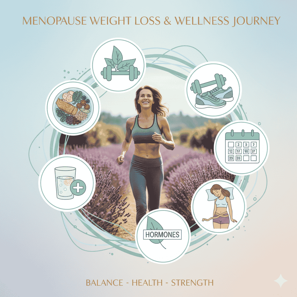 Woman jogging with icons of nutrition, exercise, hormones, hydration, sleep, and calendar representing menopause weight loss and wellness