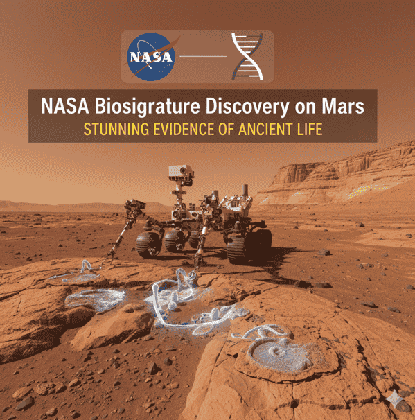 NASA Perseverance rover on Mars with text highlighting biosignature discovery