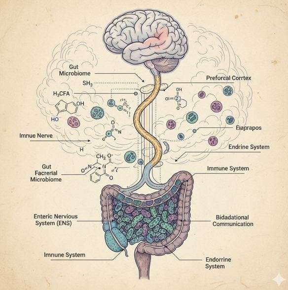  Scientific illustration depicting the complex communication pathways between the human gut microbiome and the brain,