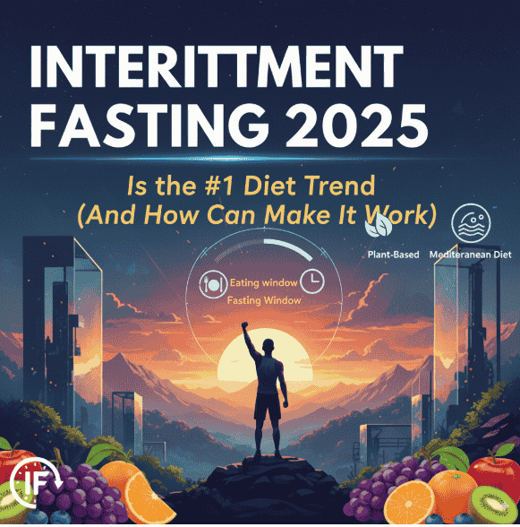A motivational graphic about intermittent fasting 2025 showing a person raising their hand toward a glowing sun, surrounded by fruits and symbols of plant-based and Mediterranean diets