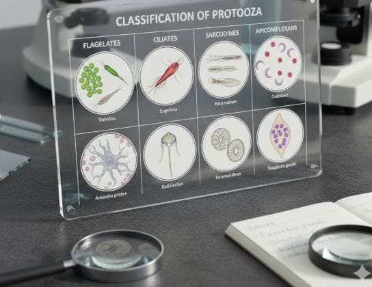 Classification of Protozoa: Subkingdom, Phyla, and Key Characteristics 1 A photoplate titled 'Classification of Protozoa' showing eight labeled drawings of protozoans categorized into four groups: Flagellates (Volvox, Euglena), Ciliates (Paramecium), Sarcodines (Amoeba proteus, Radiolarian, Foraminiferan), and Apicomplexans (Didinium, Toxoplasma gondii). The plate is set on a desk with two microscopes and a notebook.