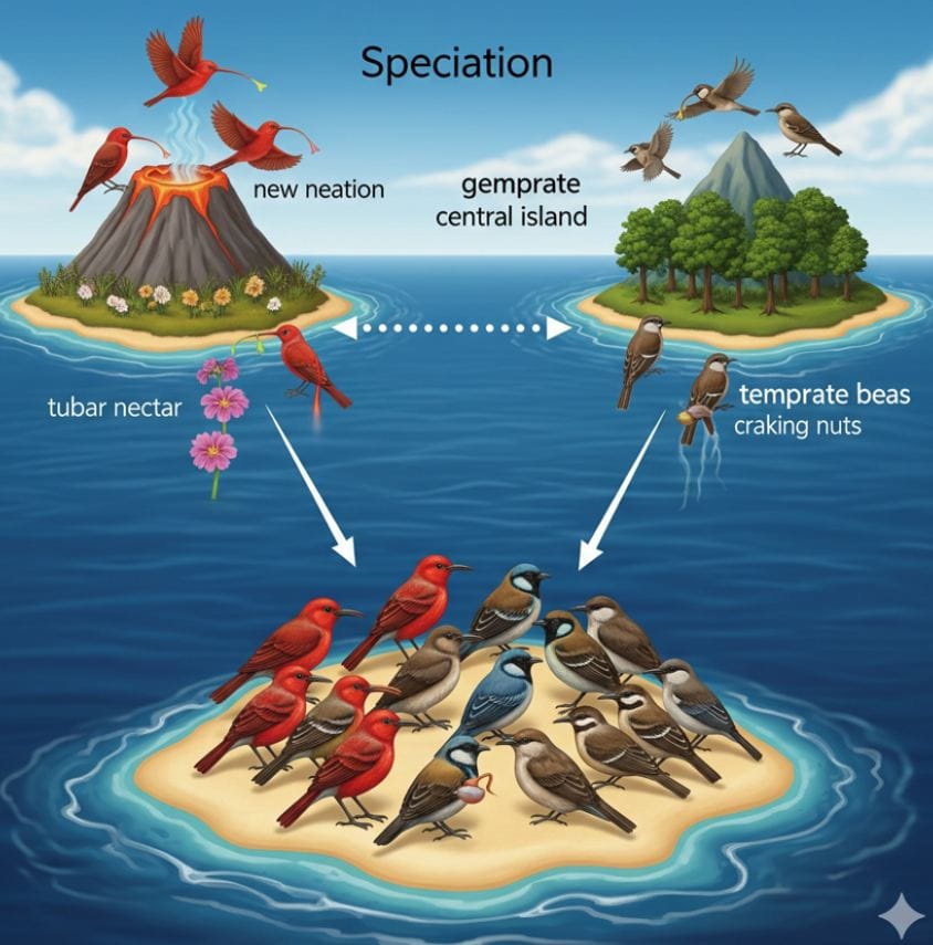Diagram illustrating speciation in AP Biology: allopatric, sympatric, peripatric, and parapatric speciation with real-world examples.
